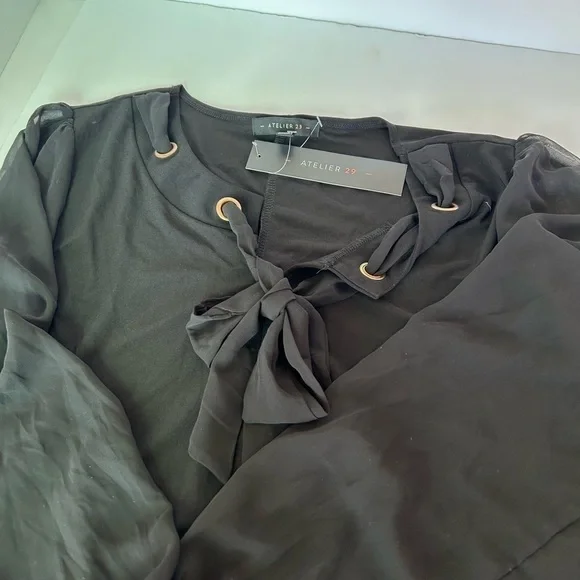 Atelier 29 Black Tie Front Blouse with Sheer Sleeves NWOT - Picture 2 of 6
